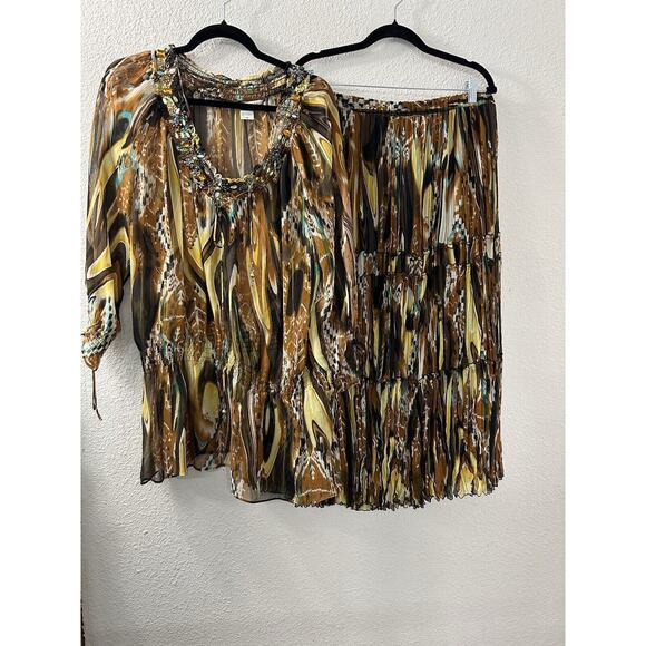 Vintage Peter Nygard Womens Sz 16 Brown Silk Abstract Peacock Skirt & Blouse Set - Picture 1 of 16